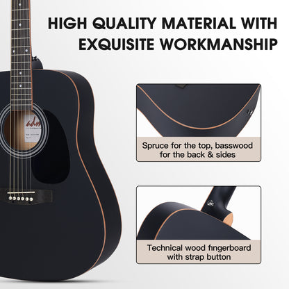 ADM Dreadnought Acoustic Guitar Kit with Free Lesson for Beginner Adult Teen Full Size Acustica Guitarra Starter Bundle Set w/Bag Strap Tuner Capo Pickguard Music Stand Right Hand(Black 1, 41 Inch)