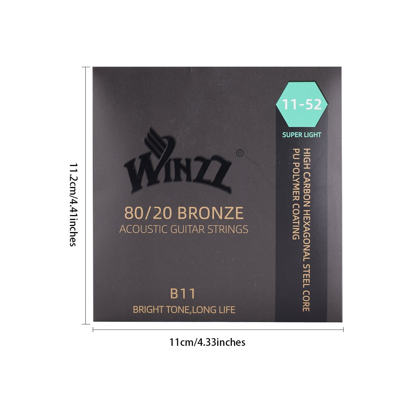 WINZZ Acoustic Guitar Strings Set – Hex Core High Carbon Steel with 80/20 Bronze Wound and Anti-Rust PU Coating