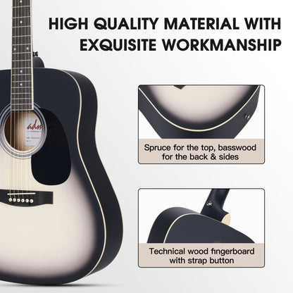 ADM Dreadnought Acoustic Guitar Kit with Free Lesson for Beginner Adult Teen Full Size Acustica Guitarra Starter Bundle Set with Bag Strap Tuner Capo Pickguard Music Stand, Right Hand(Grey, 41 Inch)
