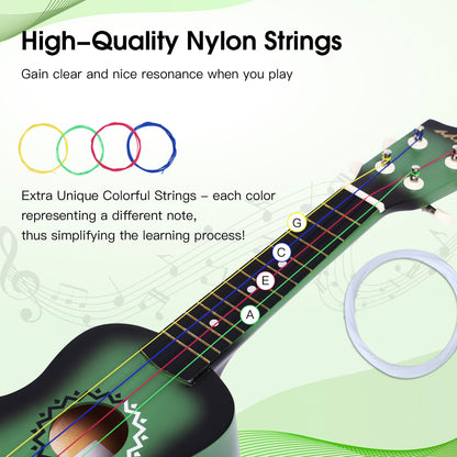 ADM Ukulele for Beginners Hawaiian Wood Ukelele Kit for Kids Adult Student Starter Professional Ukalelee Pack Bundle with Free Lessons Gig Bag Strap Nylon String Tuner (Greenbrust, 21 Inch)