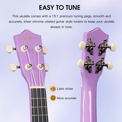 ADM Ukulele for Beginners Hawaiian Wood Ukelele Kit for Kids Adult Student Starter Professional Ukalelee Pack Bundle with Free Lessons Gig Bag Strap Nylon String Tuner (Light Purple, 21 Inch)