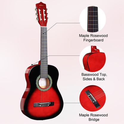 ADM Beginner Acoustic Classical Guitar Nylon Strings Wooden Guitar Bundle Kit for Kid Boy Girl Student Youth Guitarra Online Lessons with Gig Bag, Strap, Tuner, Strings, Picks (34 Inch, Redburst)