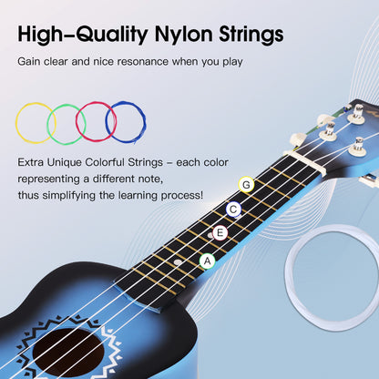 ADM Ukulele for Beginners Hawaiian Wood Ukelele Kit for Kids Adult Student Starter Professional Ukalelee Pack Bundle with Free Lessons Gig Bag Strap Nylon String Tuner (Bluebrust, 21 Inch)