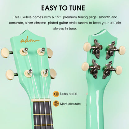 ADM Ukulele for Beginners Hawaiian Wood Ukelele Kit for Kids Adult Student Starter Professional Ukalelee Pack Bundle with Free Lessons Gig Bag Strap Nylon String Tuner (Cyan Green, 21 Inch)