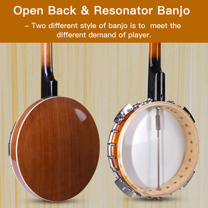 ADM 5 String Full Size Banjo Guitar Kit with Remo Drum Head and Geared 5th Tuner, 24 Bracket Beginner Banjoe Set Gift Package,Glossy Brown