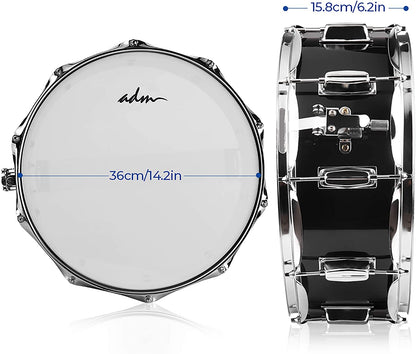 ADM 14"X 5.5", 0-String Kids Snare Beginner Kit with Stand, Mute Pad, Strap, Sticks, Drum Keys, Black