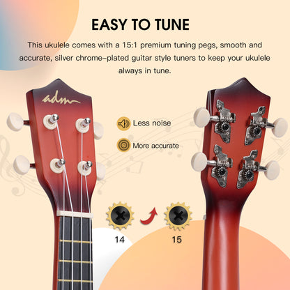 ADM Ukulele for Beginners Hawaiian Wood Ukelele Kit for Kids Adult Student Starter Professional Ukalelee Pack Bundle with Free Lessons Gig Bag Strap Nylon String Tuner (Brownbrust, 21 Inch)