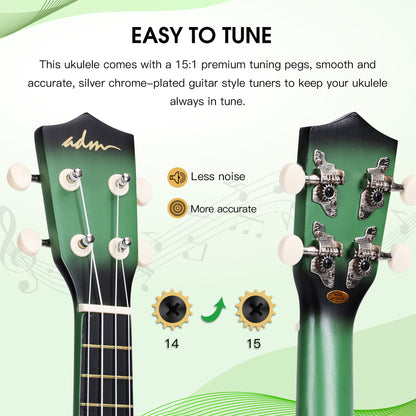 ADM Ukulele for Beginners Hawaiian Wood Ukelele Kit for Kids Adult Student Starter Professional Ukalelee Pack Bundle with Free Lessons Gig Bag Strap Nylon String Tuner (Greenbrust, 21 Inch)