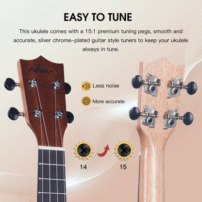 ADM Ukulele for Beginners Hawaiian Wood Ukelele Kit for Kids Adult Student Starter Professional Ukalelee Pack Bundle with Free Lessons Gig Bag Strap Nylon String Tuner (Brown-Sapele, 21 Inch)