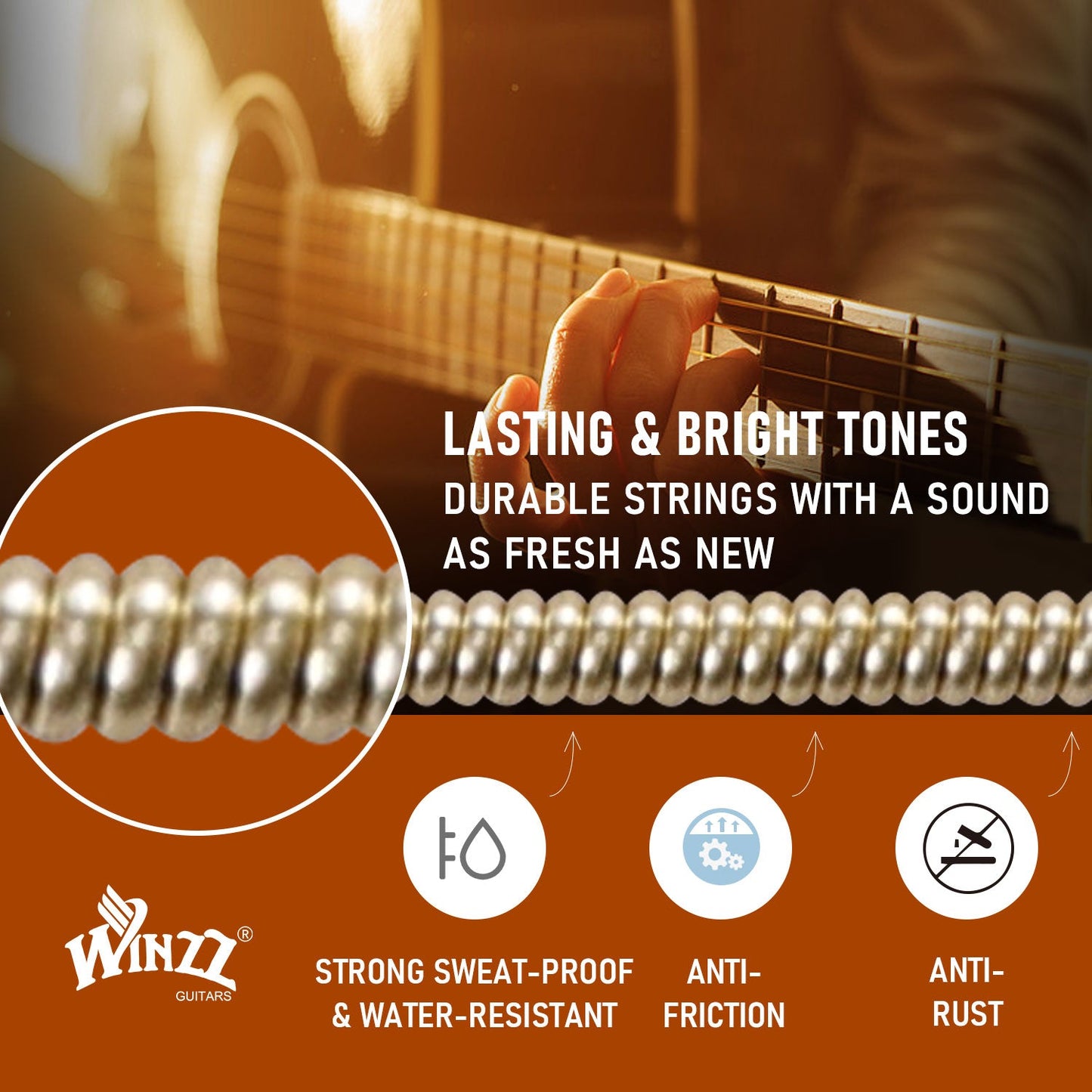 WINZZ Acoustic Guitar Strings Set – Hex Core High Carbon Steel with 80/20 Bronze Wound and Anti-Rust PU Coating