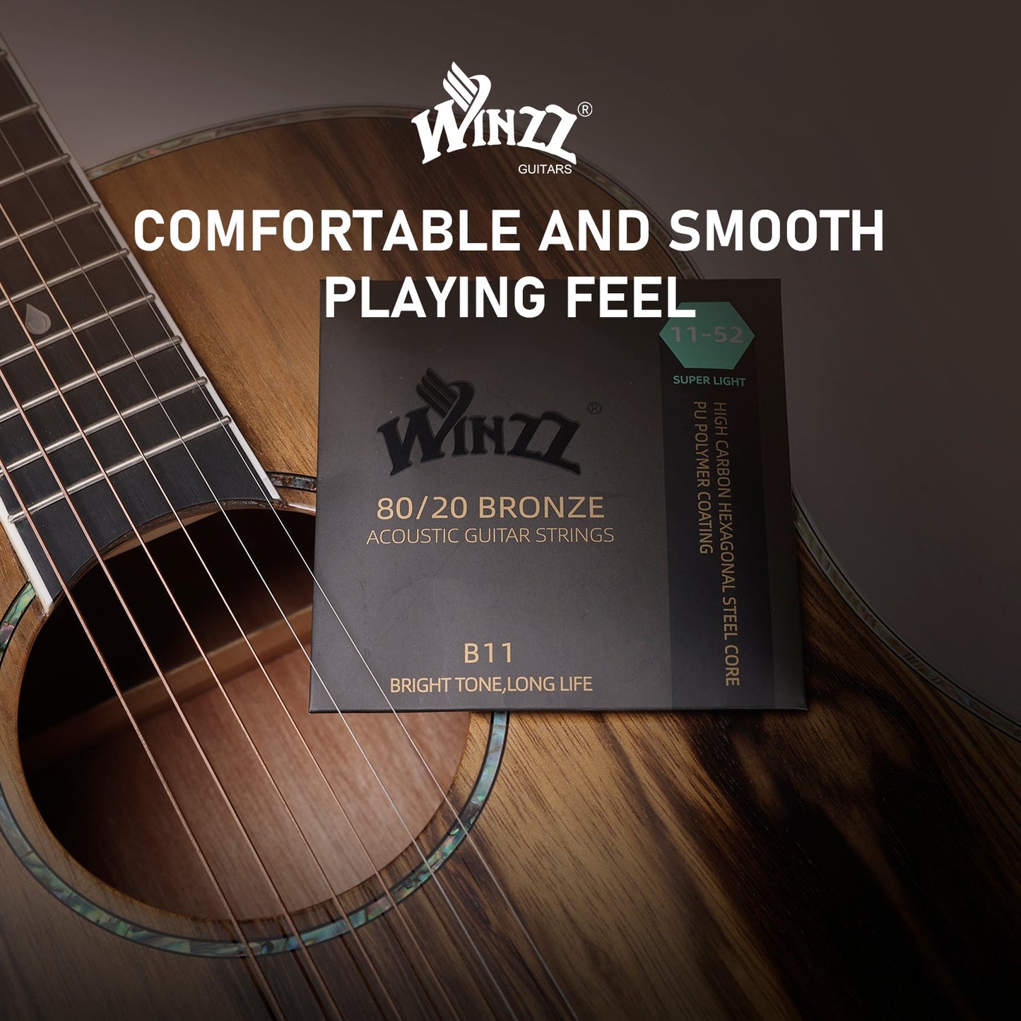 WINZZ Acoustic Guitar Strings Set – Hex Core High Carbon Steel with 80/20 Bronze Wound and Anti-Rust PU Coating