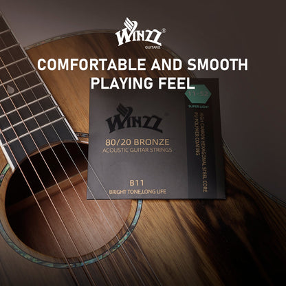 WINZZ Acoustic Guitar Strings Set – Hex Core High Carbon Steel with 80/20 Bronze Wound and Anti-Rust PU Coating