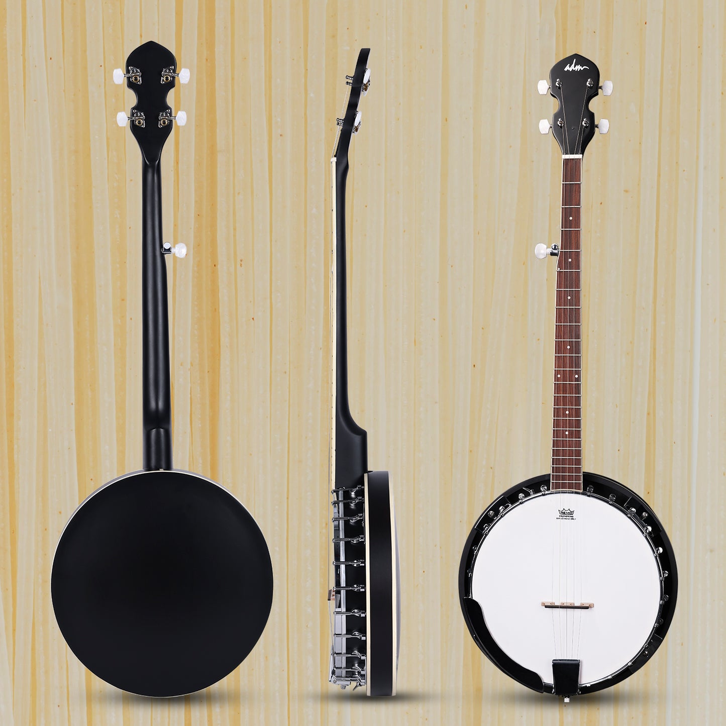 ADM 5 String Full Size Banjo Guitar Kit with Remo Drum Head and Geared 5th Tuner, 24 Bracket Beginner Banjoe Set Gift Package