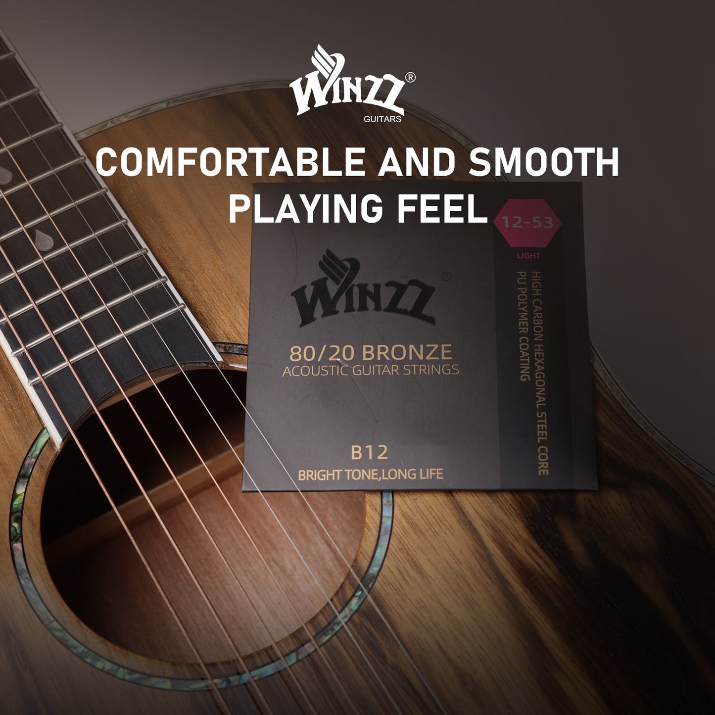 WINZZ Acoustic Guitar Strings Set – Hex Core High Carbon Steel with 80/20 Bronze Wound and Anti-Rust PU Coating