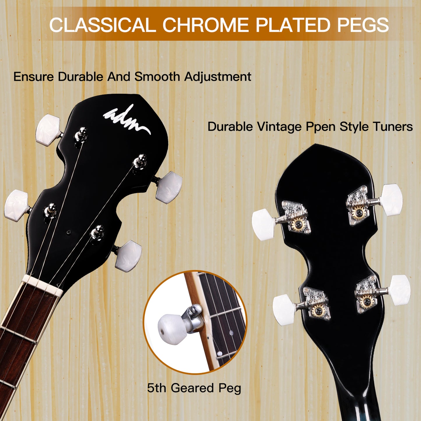 ADM 5 String Full Size Banjo Guitar Kit with Remo Drum Head and Geared 5th Tuner, 24 Bracket Beginner Banjoe Set Gift Package