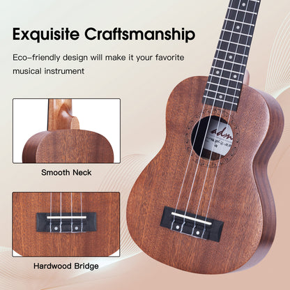 ADM Ukulele for Beginners Hawaiian Wood Ukelele Kit for Kids Adult Student Starter Professional Ukalelee Pack Bundle with Free Lessons Gig Bag Strap Nylon String Tuner (Brown-Sapele, 21 Inch)