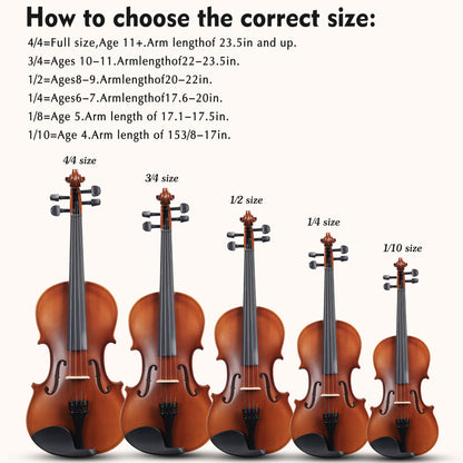 ADM Wood Violin Set for Kids Teens Students Adults Beginner Acoustic Violin Matte Fiddle Starter Kit with Hard Case, Rosin, Shoulder Rest, Bow, Clip-on Tuner and Fingerboard Sticker