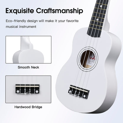 ADM Ukulele for Beginners Hawaiian Wood Ukelele Kit for Kids Adult Student Starter Professional Ukalelee Pack Bundle with Free Lessons Gig Bag Strap Nylon String Tuner (White, 21 Inch)