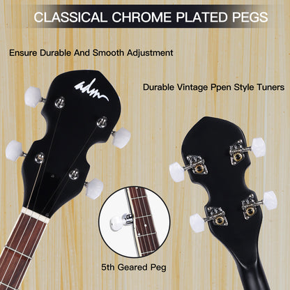 ADM 5 String Full Size Banjo Guitar Kit with Remo Drum Head and Geared 5th Tuner, 24 Bracket Beginner Banjoe Set Gift Package,Glossy Black