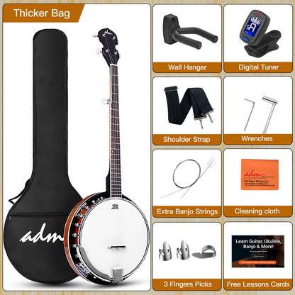 ADM 5 String Full Size Banjo Guitar Kit with Remo Drum Head and Geared 5th Tuner, 24 Bracket Beginner Banjoe Set Gift Package,Glossy Brown