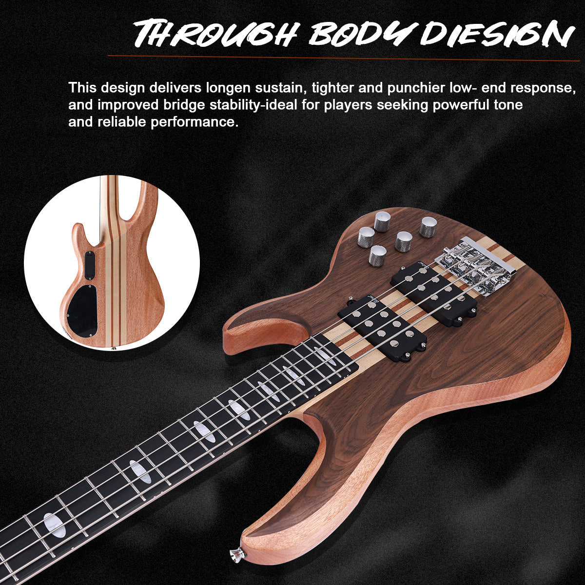 Winzz 4-String Through-Body Bass Guitar – Okoume Body with Walnut Top, Dual Humbuckers, 24 Frets