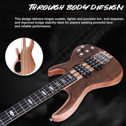 Winzz 4-String Through-Body Bass Guitar – Okoume Body with Walnut Top, Dual Humbuckers, 24 Frets