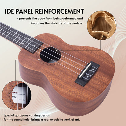 ADM Ukulele for Beginners Hawaiian Wood Ukelele Kit for Kids Adult Student Starter Professional Ukalelee Pack Bundle with Free Lessons Gig Bag Strap Nylon String Tuner (Brown-Sapele, 21 Inch)