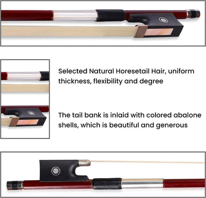 ADM Student Violin Bow, Well Balanced Handmade Brazilwood Bow with Horsehair, Ebony Frog with Pearl Eye and Pearl Slide, Brown