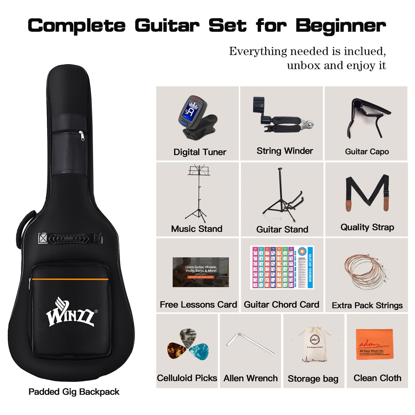 ADM Dreadnought Acoustic Guitar Kit with Free Lesson for Beginner Adult Teen Full Size Acustica Guitarra Starter Bundle Set w/Bag Strap Tuner Capo Pickguard Music Stand Right Hand(Black 1, 41 Inch)