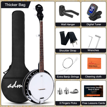 ADM 5 String Full Size Banjo Guitar Kit with Remo Drum Head and Geared 5th Tuner, 24 Bracket Beginner Banjoe Set Gift Package,Glossy Black