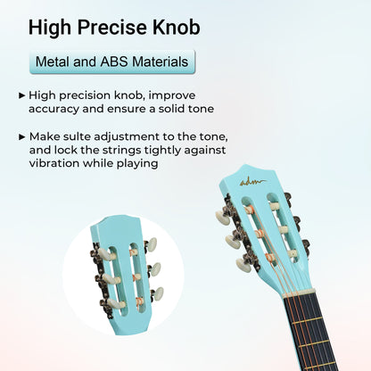 ADM Beginner Acoustic Classical Guitar 38 Inch Nylon Strings Wooden Guitar Bundle Kit for Kid Boy Girl Student Youth Guitarra Online Lessons with Gig Bag, Strap, Tuner, Strings, Cyan Green