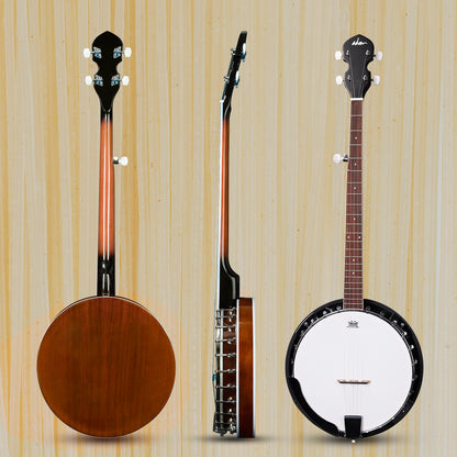 ADM 5 String Full Size Banjo Guitar Kit with Remo Drum Head and Geared 5th Tuner, 24 Bracket Beginner Banjoe Set Gift Package,Glossy Brown