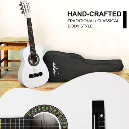ADM Beginner Acoustic Classical Guitar Nylon Strings Wooden Guitar Bundle Kit for Kid Boy Girl Student Youth Guitarra Online Lessons with Gig Bag, Strap, Tuner, Picks (30 Inch, White)