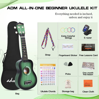 ADM Ukulele for Beginners Hawaiian Wood Ukelele Kit for Kids Adult Student Starter Professional Ukalelee Pack Bundle with Free Lessons Gig Bag Strap Nylon String Tuner (Greenbrust, 21 Inch)