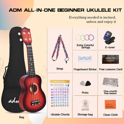 ADM Ukulele for Beginners Hawaiian Wood Ukelele Kit for Kids Adult Student Starter Professional Ukalelee Pack Bundle with Free Lessons Gig Bag Strap Nylon String Tuner (Brownbrust, 21 Inch)