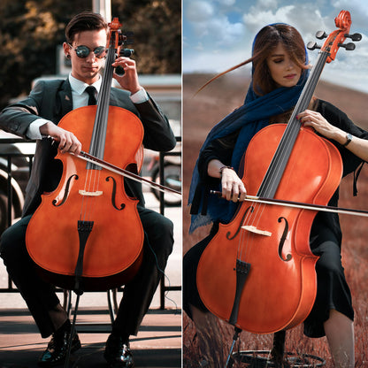 ADM 4/4 Full Size Acoustic Cello, Beginner Acoustic Cello Kit with Portable Bag, Stand, Bow, Mute, Rosin, Endpin Holder for Beginner Adults & Students