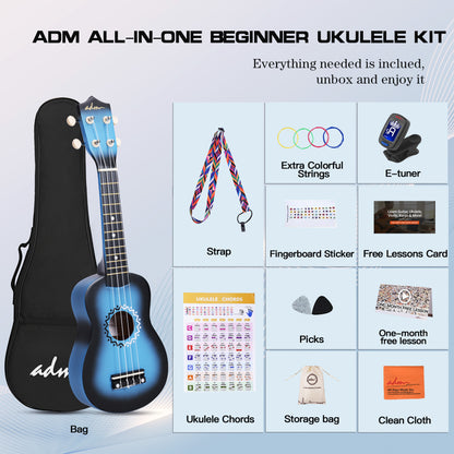 ADM Ukulele for Beginners Hawaiian Wood Ukelele Kit for Kids Adult Student Starter Professional Ukalelee Pack Bundle with Free Lessons Gig Bag Strap Nylon String Tuner (Bluebrust, 21 Inch)