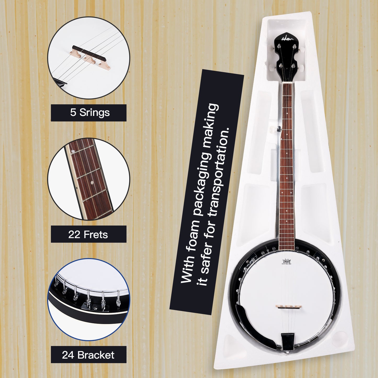 ADM 5 String Full Size Banjo Guitar Kit with Remo Drum Head and Geared 5th Tuner, 24 Bracket Beginner Banjoe Set Gift Package