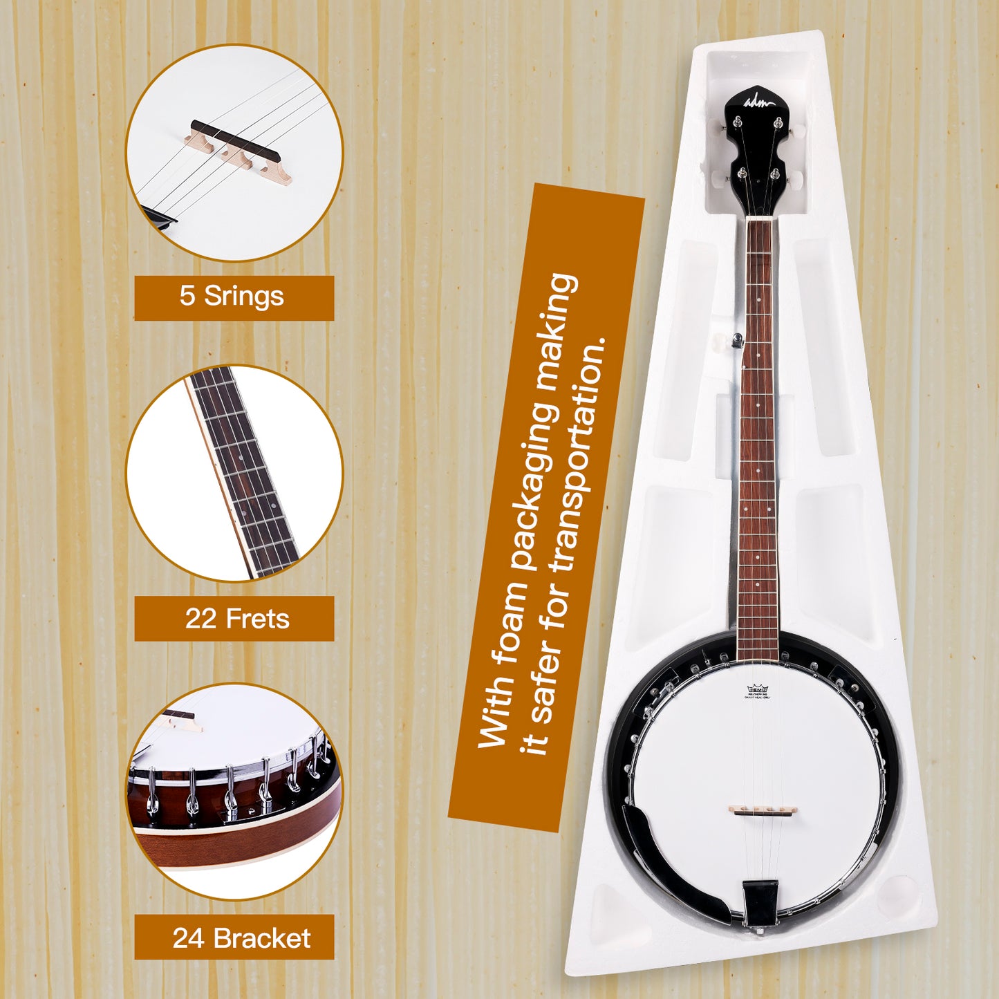 ADM 5 String Full Size Banjo Guitar Kit with Remo Drum Head and Geared 5th Tuner, 24 Bracket Beginner Banjoe Set Gift Package