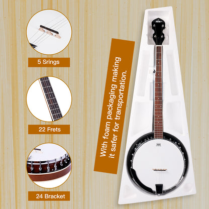 ADM 5 String Full Size Banjo Guitar Kit with Remo Drum Head and Geared 5th Tuner, 24 Bracket Beginner Banjoe Set Gift Package,Glossy Brown