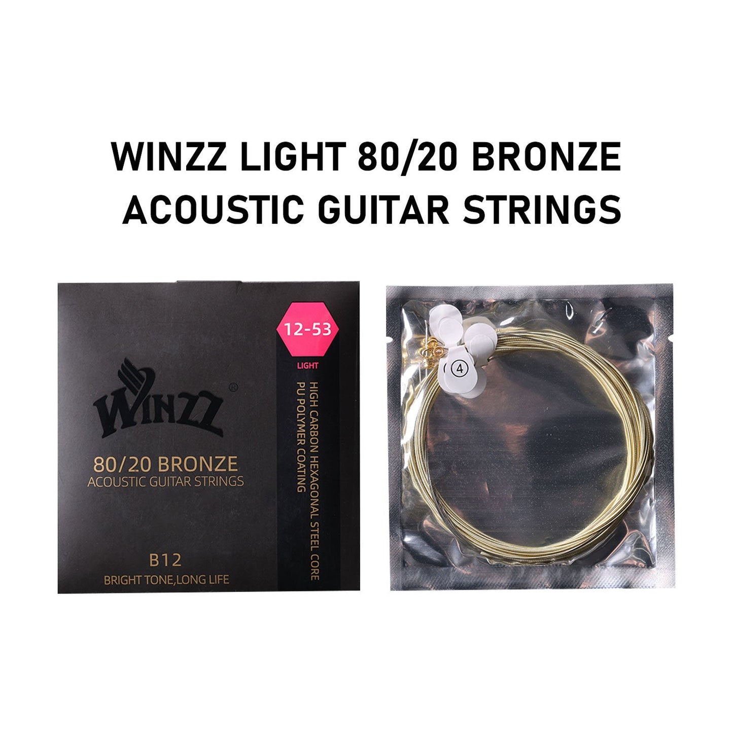 WINZZ Acoustic Guitar Strings Set – Hex Core High Carbon Steel with 80/20 Bronze Wound and Anti-Rust PU Coating