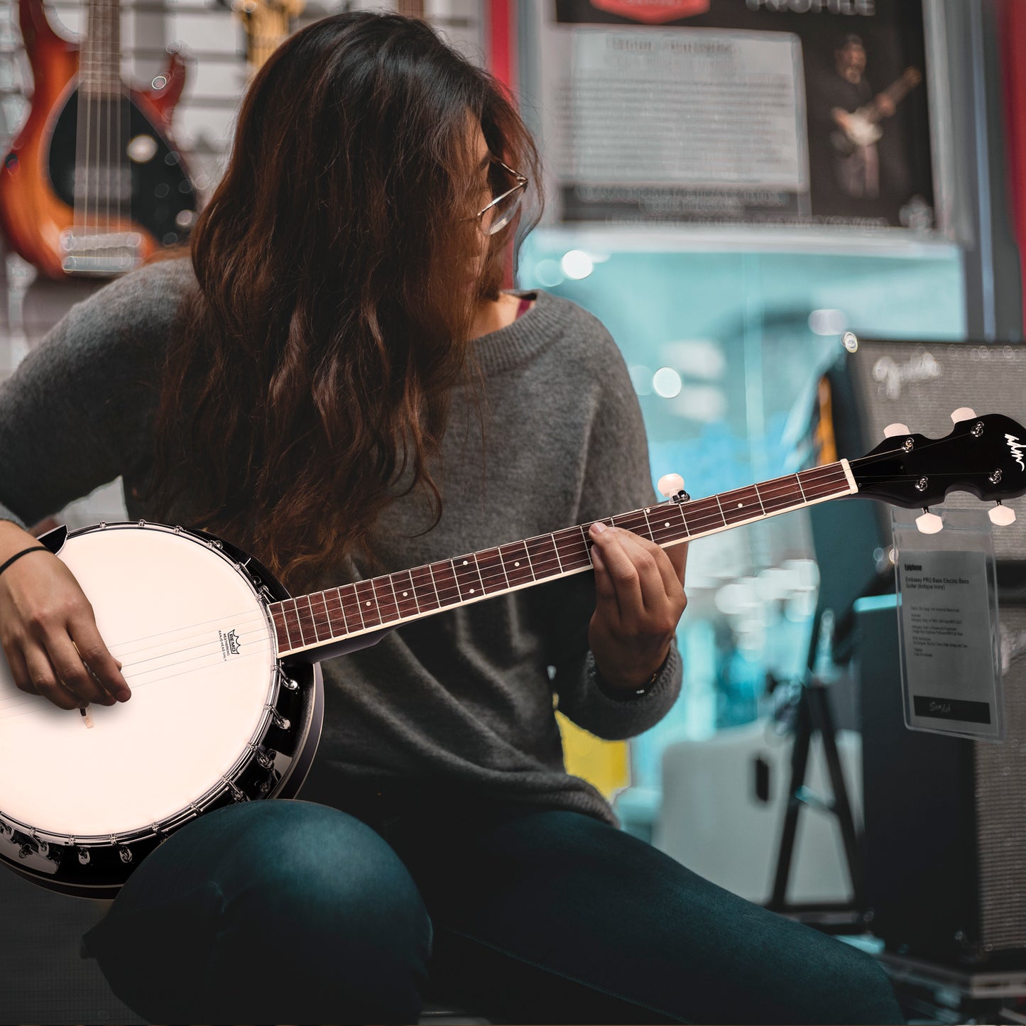 ADM 5 String Full Size Banjo Guitar Kit with Remo Drum Head and Geared 5th Tuner, 24 Bracket Beginner Banjoe Set Gift Package
