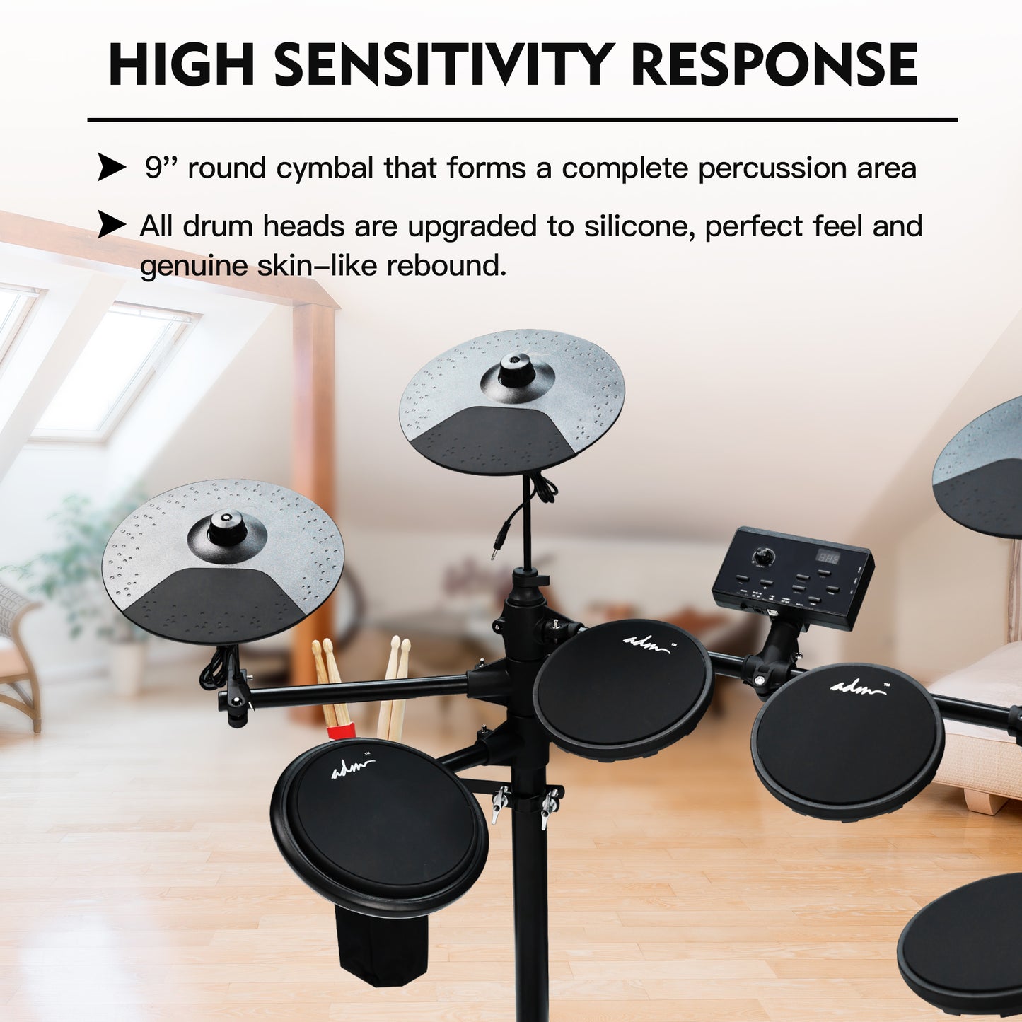 ADM Electronic Drum Set With 4 Quiet Electric Drum Mesh Pads, 180+ Sounds, Electric Drum Kit For Beginngers with 2 Switch Pedals, Throne, Headphones, DrumSticks, and Melodics Lessons