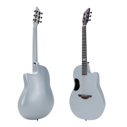 Matte grey WINZZ AFO300C acoustic guitar with solid spruce top and carbon fiber back, ideal for musicians seeking style, performance, and resilience