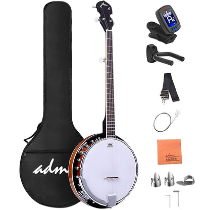 ADM 5 String Full Size Banjo Guitar Kit with Remo Drum Head and Geared 5th Tuner, 24 Bracket Beginner Banjoe Set Gift Package,Glossy Brown