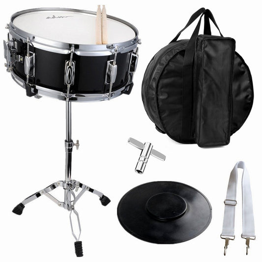 ADM 14"X 5.5", 0-String Kids Snare Beginner Kit with Stand, Mute Pad, Strap, Sticks, Drum Keys, Black