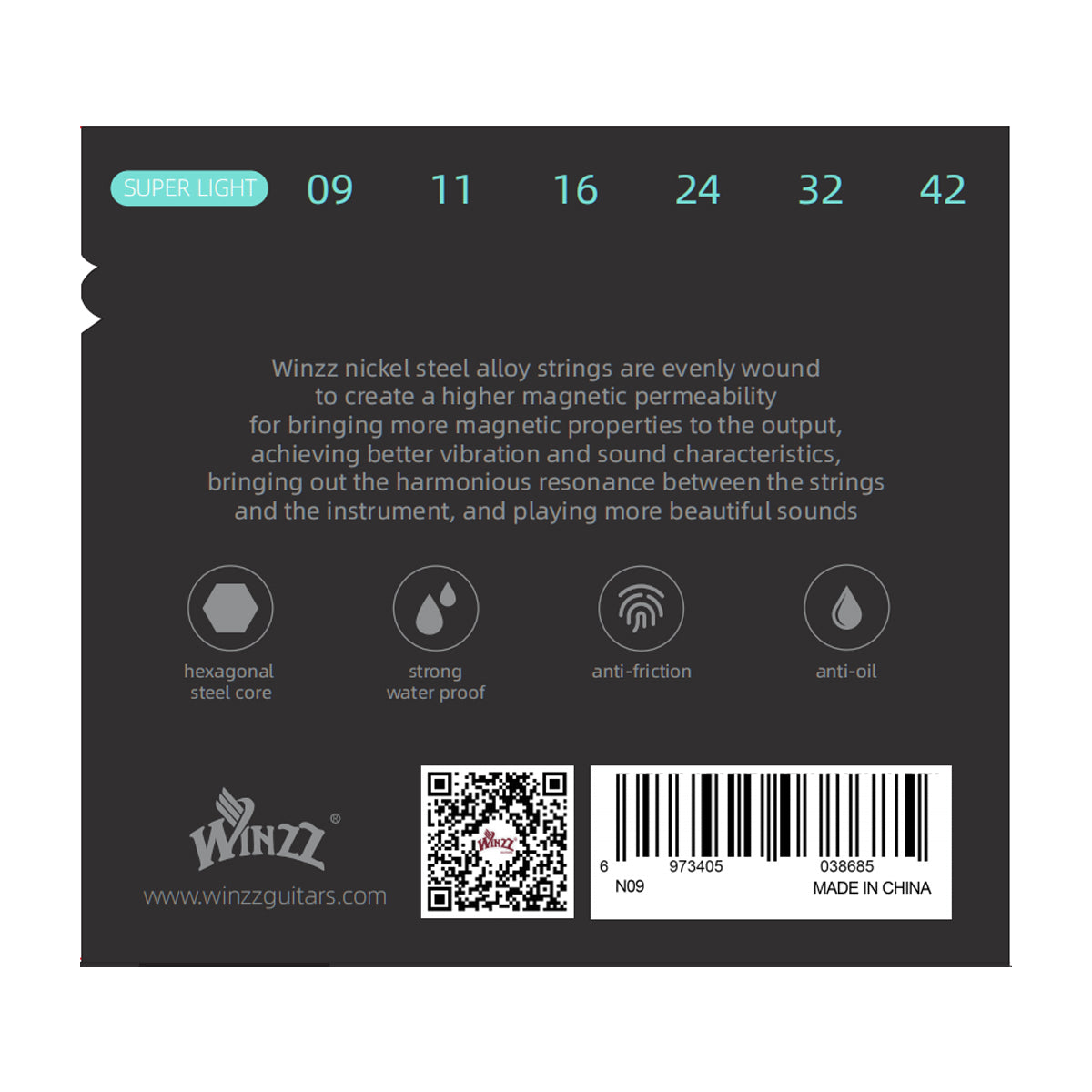 WINZZ High Carbon Hex Core Nickel Wound Electric Guitar Strings with Anti-Rust Coating