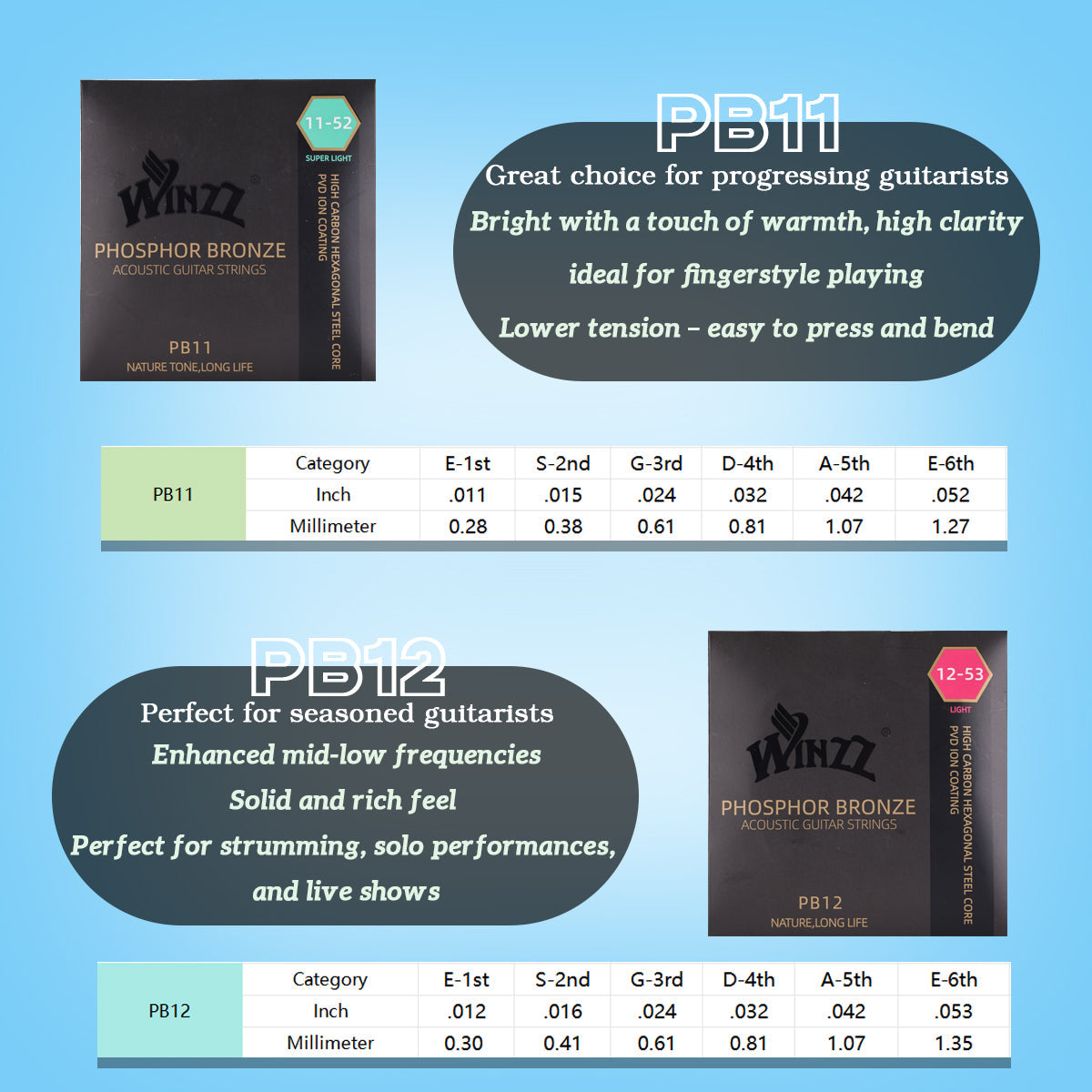 WINZZ Acoustic Guitar Strings Set – Hex Core High Carbon Steel with Phosphor Bronze Wound and Anti-Rust PVD Coating