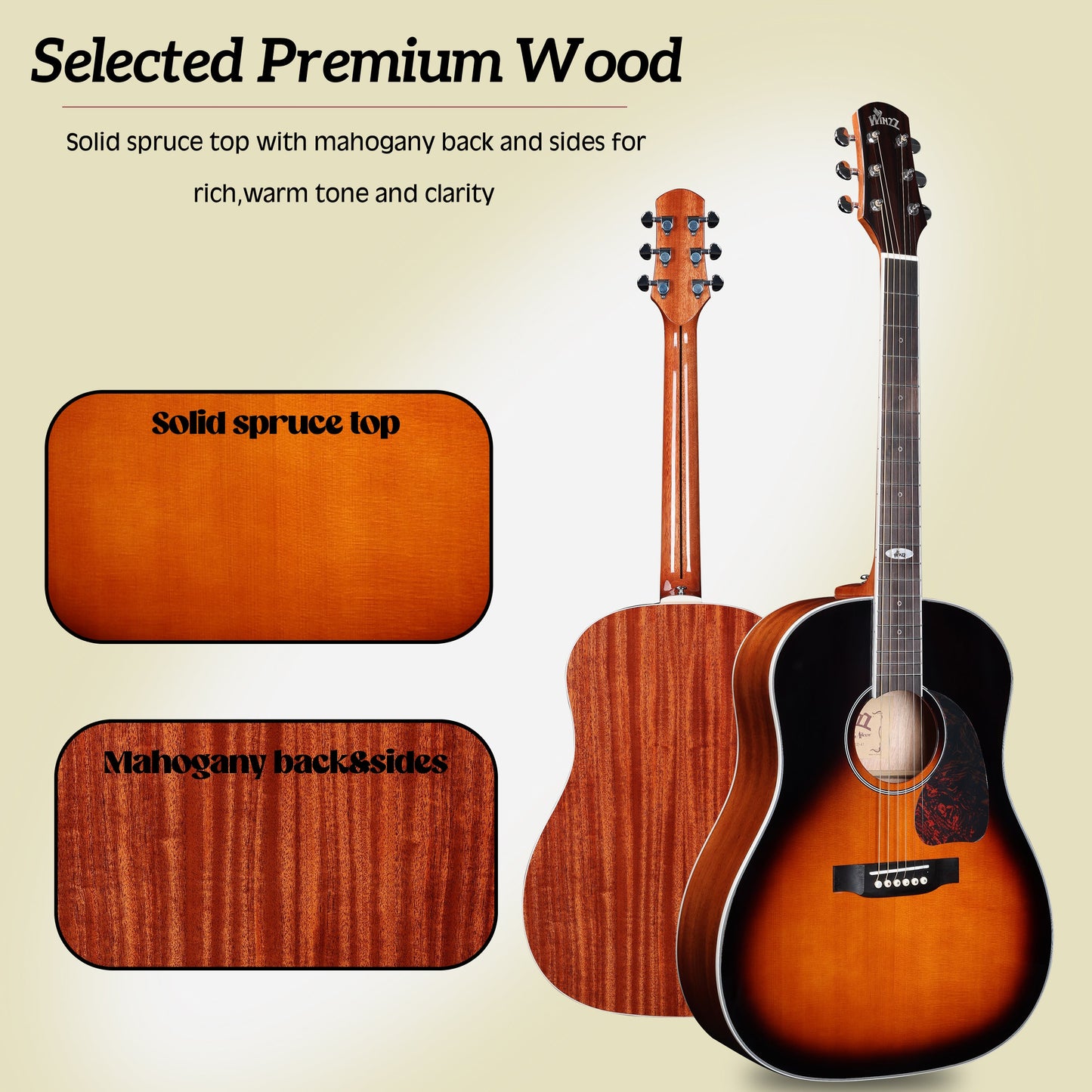 WINZZ AFM16-SD Solid Sitka Spruce Top: Detailed view of the solid Sitka spruce top, offering superior resonance and bright tonal quality.