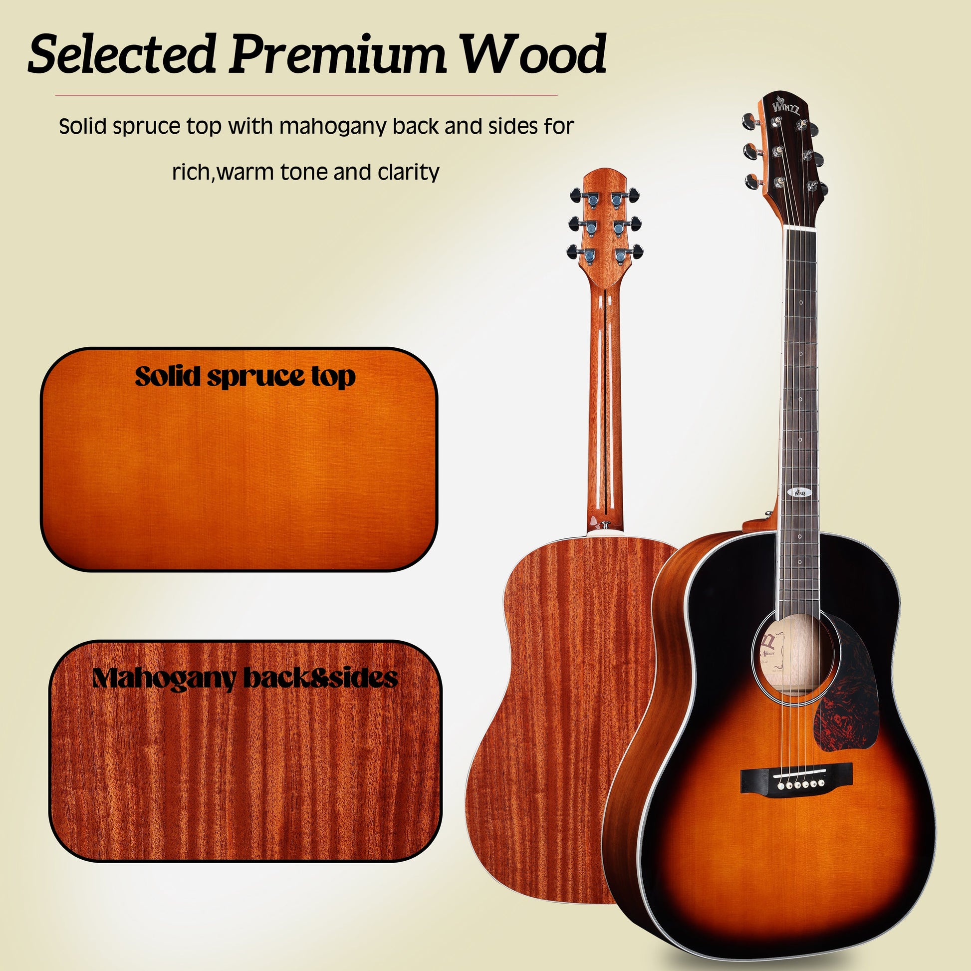WINZZ AFM16-SD Solid Sitka Spruce Top: Detailed view of the solid Sitka spruce top, offering superior resonance and bright tonal quality.